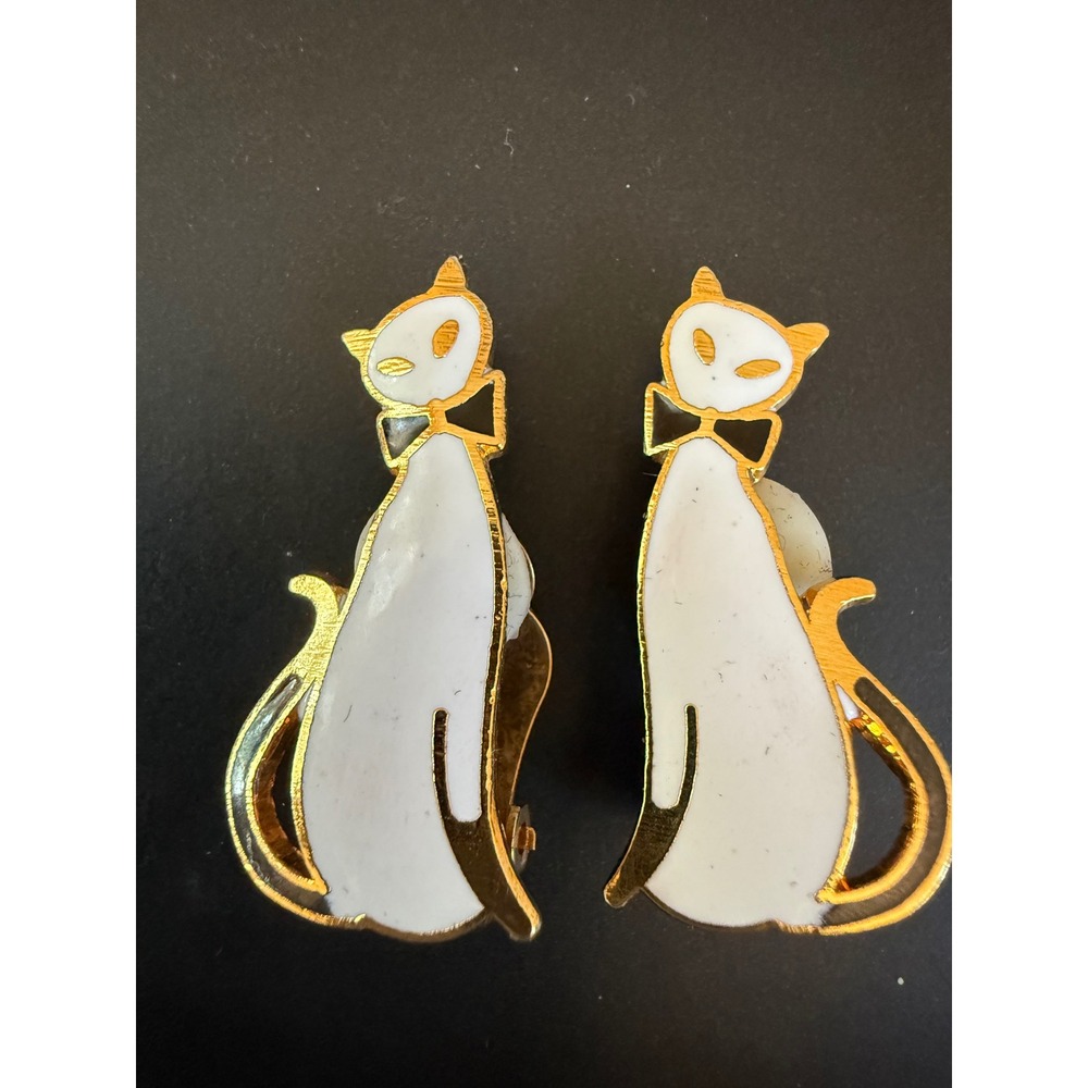 Vintage White Enamel Cat Clip‎ On Earrings Gold Tone Mid Century Modern Feline